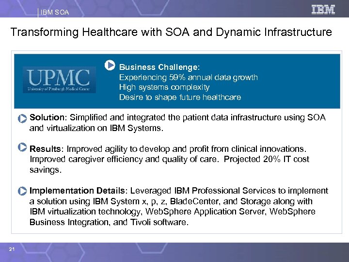 IBM SOA Transforming Healthcare with SOA and Dynamic Infrastructure Business Challenge: Experiencing 59% annual