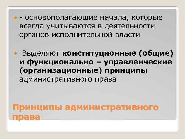  - основополагающие начала, которые всегда учитываются в деятельности органов исполнительной власти Выделяют конституционные