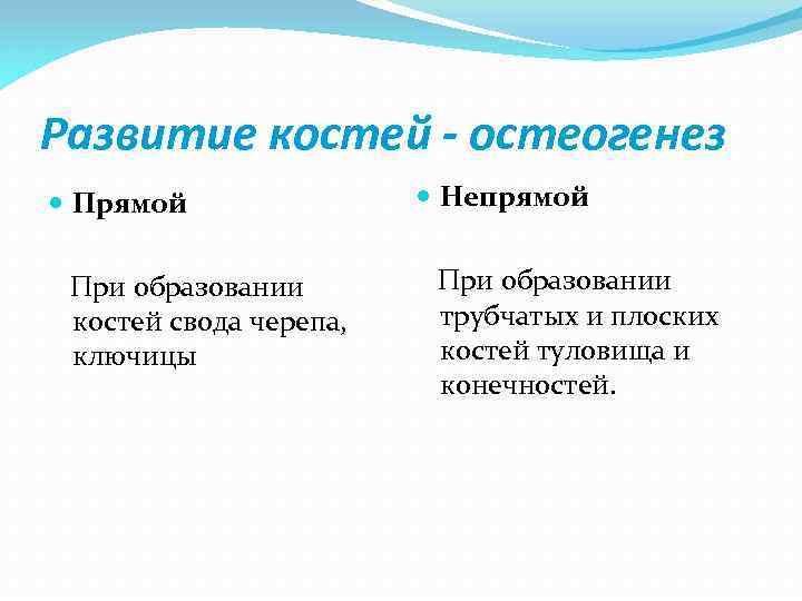 Развитие костей - остеогенез Прямой При образовании костей свода черепа, ключицы Непрямой При образовании