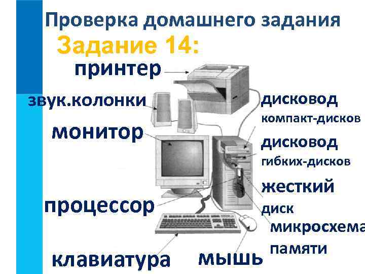 Проверка домашнего задания Задание 14: принтер звук. колонки дисковод монитор дисковод компакт-дисков гибких-дисков процессор