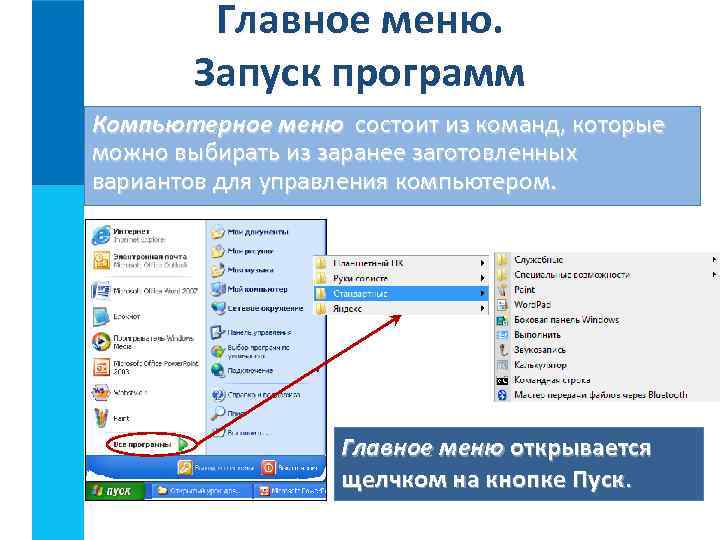 Главное меню. Запуск программ Компьютерное меню состоит из команд, которые можно выбирать из заранее