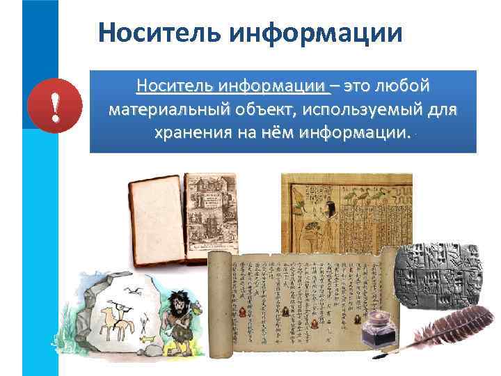 Носитель информации ! Носитель информации – это любой материальный объект, используемый для хранения на
