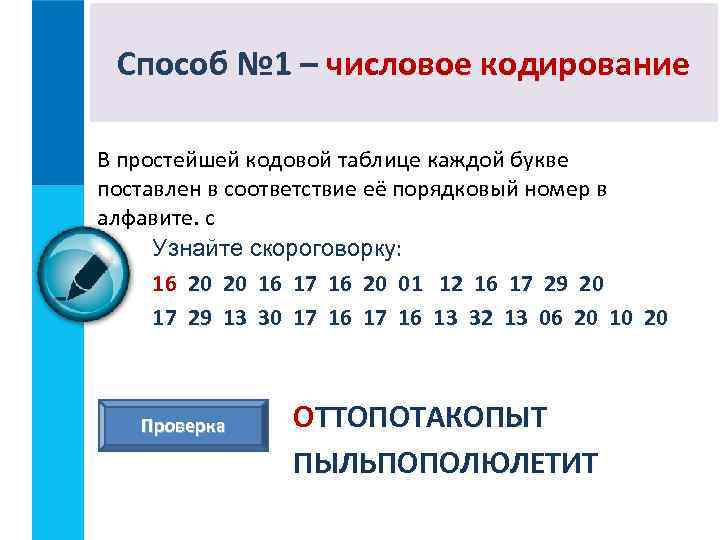 Способ № 1 – числовое кодирование В простейшей кодовой таблице каждой букве поставлен в