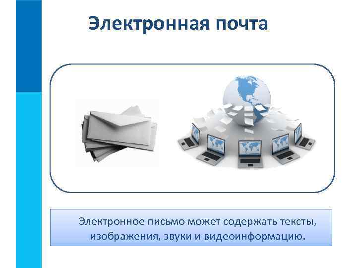 Электронная почта Электронное письмо может содержать тексты, изображения, звуки и видеоинформацию. 