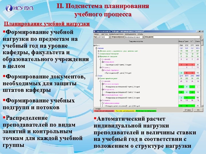 II. Подсистема планирования учебного процесса Планирование учебной нагрузки §Формирование учебной нагрузки по предметам на