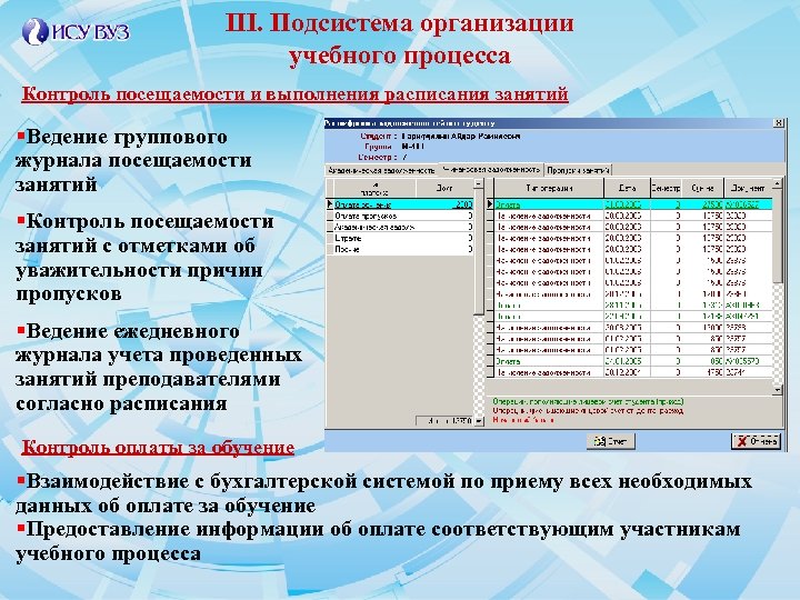 III. Подсистема организации учебного процесса Контроль посещаемости и выполнения расписания занятий §Ведение группового журнала