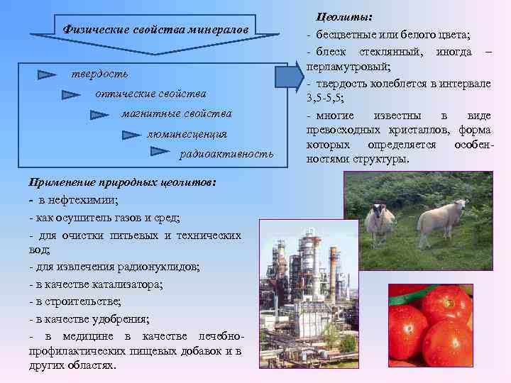 Физические свойства минералов твердость оптические свойства магнитные свойства люминесценция радиоактивность Применение природных цеолитов: -