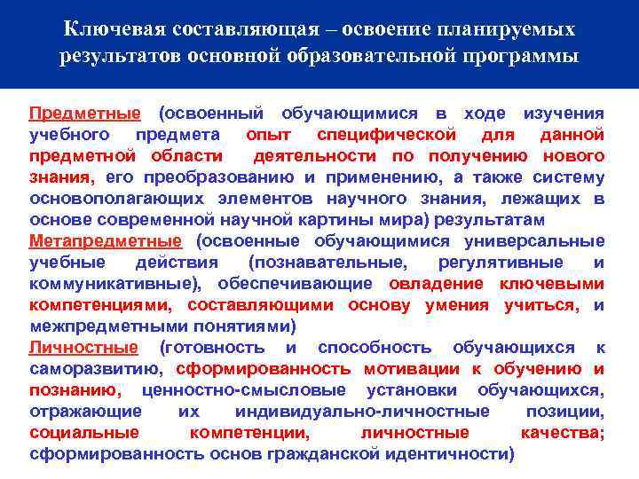 Ключевая составляющая – освоение планируемых результатов основной образовательной программы Предметные (освоенный обучающимися в ходе
