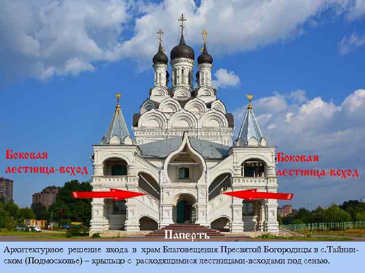 Архитектурное решение входа в храм Благовещения Пресвятой Богородицы в с. Тайнинском (Подмосковье) – крыльцо