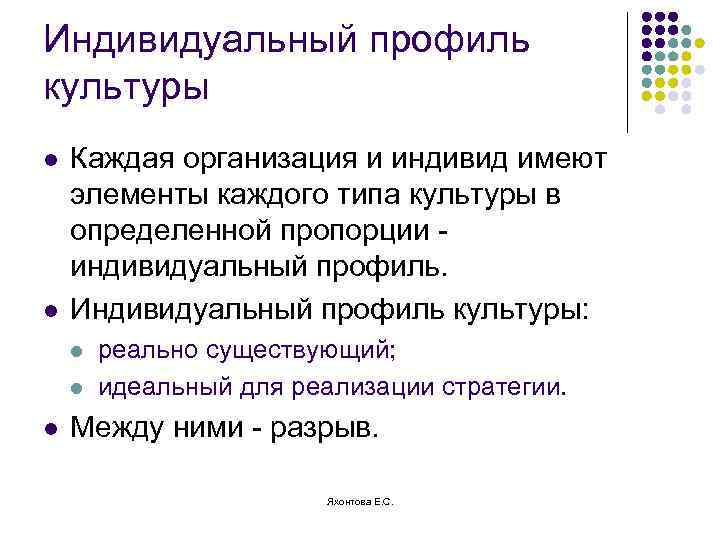 Индивидуальный профиль культуры l l Каждая организация и индивид имеют элементы каждого типа культуры