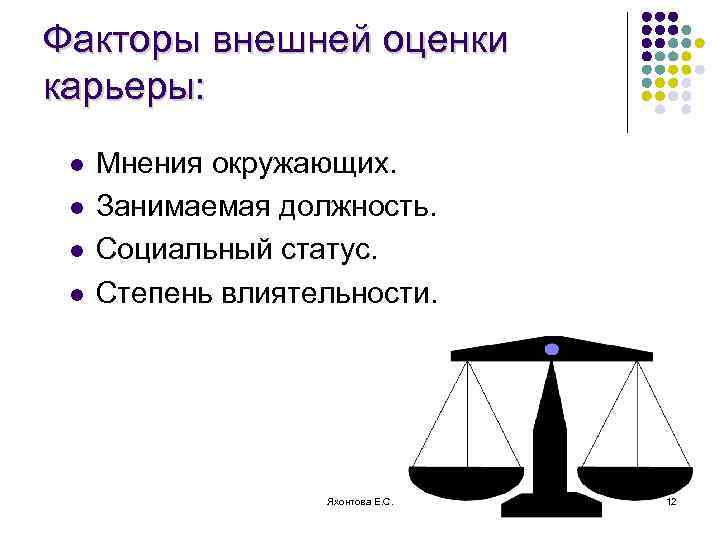 Факторы внешней оценки карьеры: l l Мнения окружающих. Занимаемая должность. Социальный статус. Степень влиятельности.