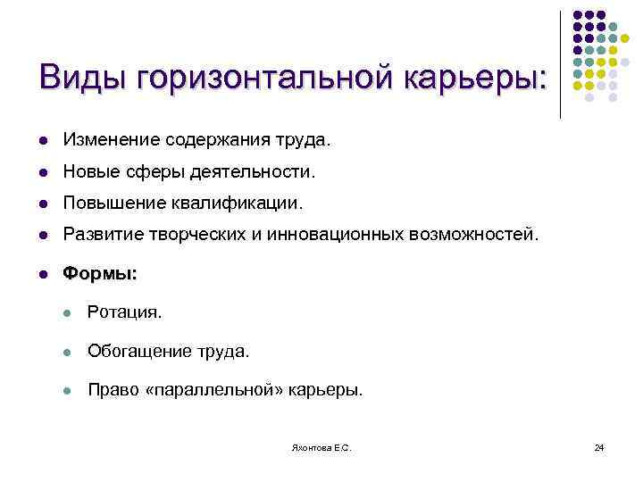 Виды горизонтальной карьеры: l Изменение содержания труда. l Новые сферы деятельности. l Повышение квалификации.