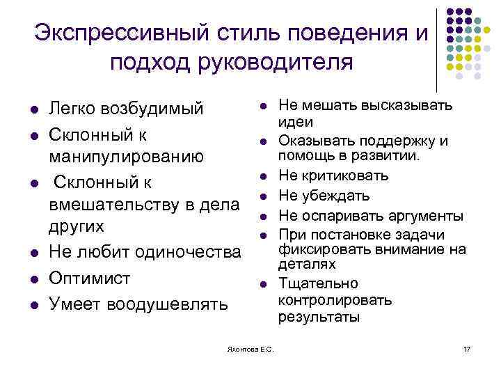 Экспрессивный стиль поведения и подход руководителя l l l Легко возбудимый Склонный к манипулированию