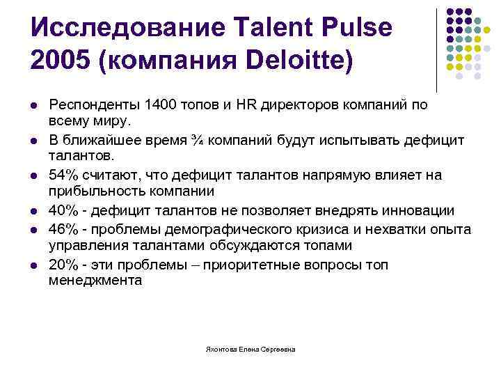 Исследование Talent Pulse 2005 (компания Deloitte) l l l Респонденты 1400 топов и HR
