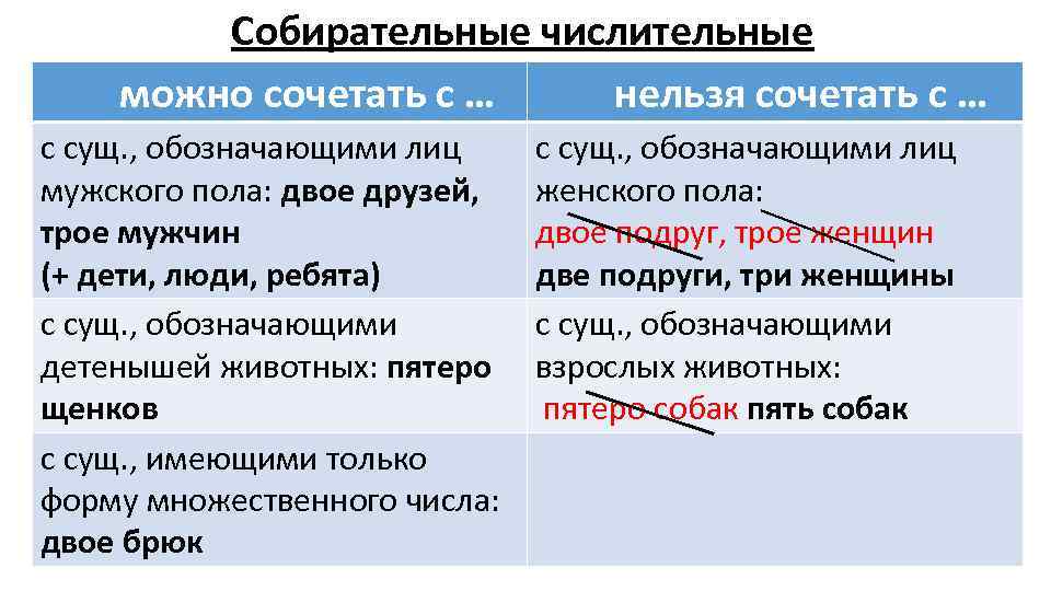 Собирательные числительные Двое, трое …, оба, обе можно сочетать с … нельзя сочетать с