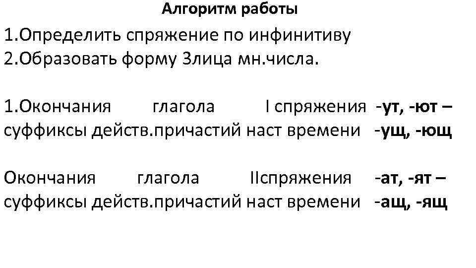 Алгоритм работы 1. Определить спряжение по инфинитиву 2. Образовать форму 3 лица мн. числа.