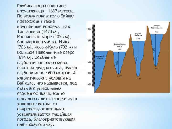 Глубина озера поистине впечатляюща – 1637 метров. По этому показателю Байкал превосходит такие крупнейшие