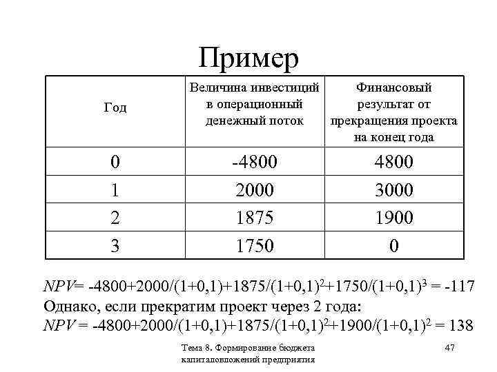 Пример Год 0 1 2 3 Величина инвестиций Финансовый в операционный результат от денежный