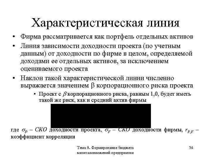 Характеристическая линия • Фирма рассматривается как портфель отдельных активов • Линия зависимости доходности проекта