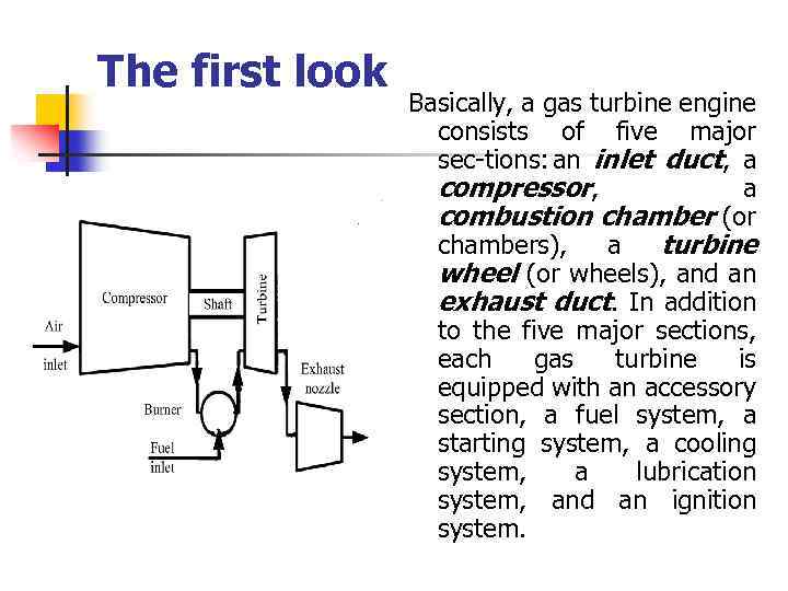 The first look Basically, a gas turbine engine consists of five major sec tions: