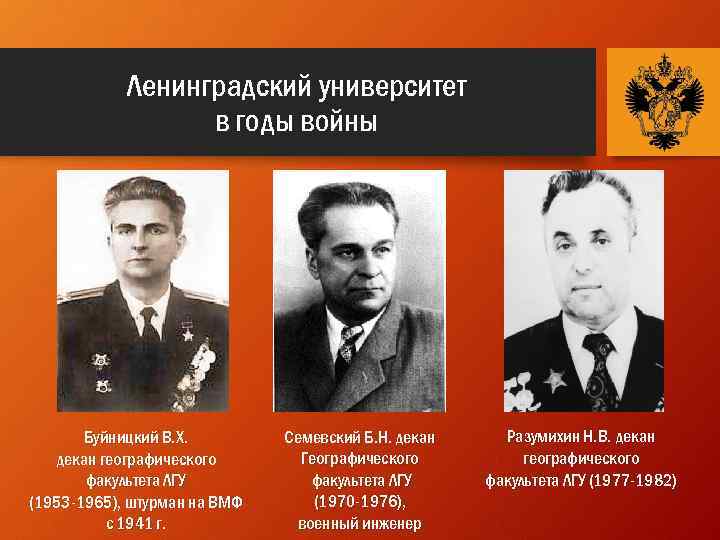 Ленинградский университет в годы войны Буйницкий В. Х. декан географического факультета ЛГУ (1953 -1965),