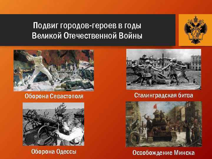 Подвиг городов-героев в годы Великой Отечественной Войны Оборона Севастополя Сталинградская битва Оборона Одессы Освобождение