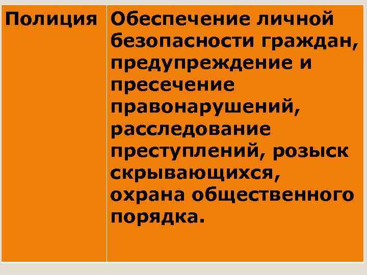 Полиция Обеспечение личной безопасности граждан, предупреждение и пресечение правонарушений, расследование преступлений, розыск скрывающихся, охрана