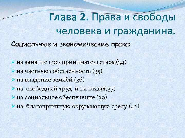 Глава 2. Права и свободы человека и гражданина. Социальные и экономические права: Ø на