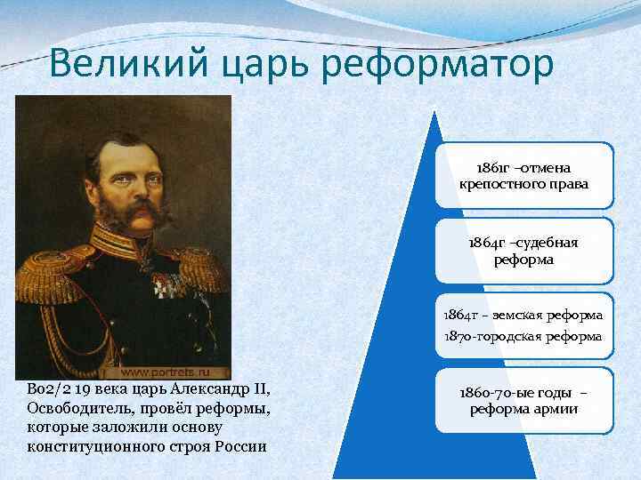 Великий царь реформатор 1861 г –отмена крепостного права 1864 г –судебная реформа 1864 г