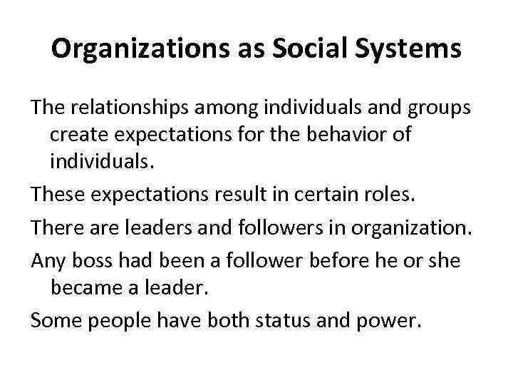 Organizations as Social Systems The relationships among individuals and groups create expectations for the