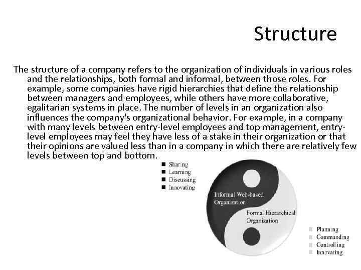 Structure The structure of a company refers to the organization of individuals in various