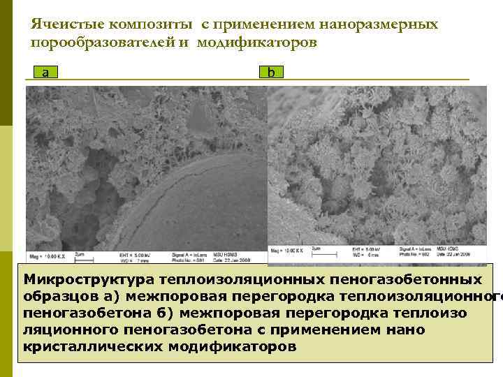 Ячеистые композиты с применением наноразмерных порообразователей и модификаторов a b Микроструктура теплоизоляционных пеногазобетонных образцов