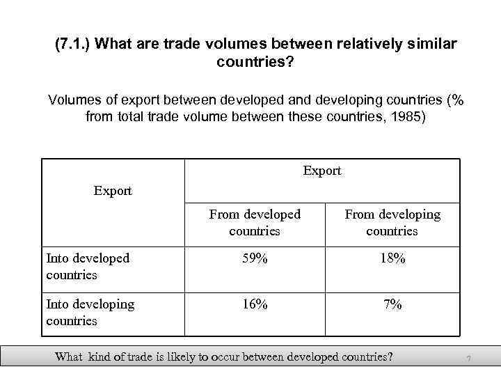 (7. 1. ) What are trade volumes between relatively similar countries? Volumes of export