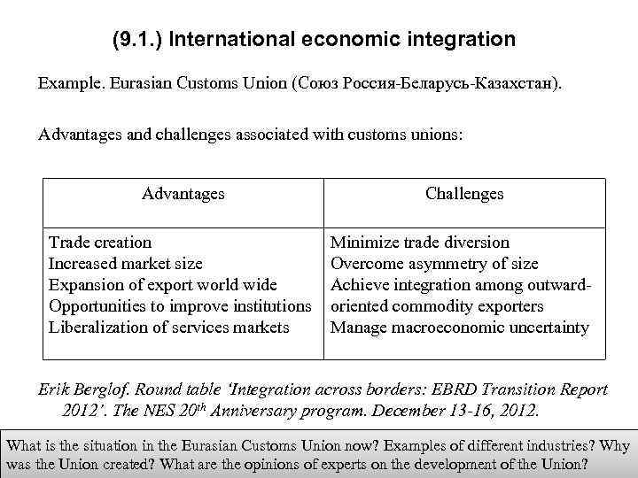 (9. 1. ) International economic integration Example. Eurasian Customs Union (Союз Россия-Беларусь-Казахстан). Advantages and