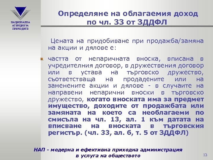 НАЦИОНАЛНА АГЕНЦИЯ ЗА ПРИХОДИТЕ Определяне на облагаемия доход по чл. 33 от ЗДДФЛ Цената