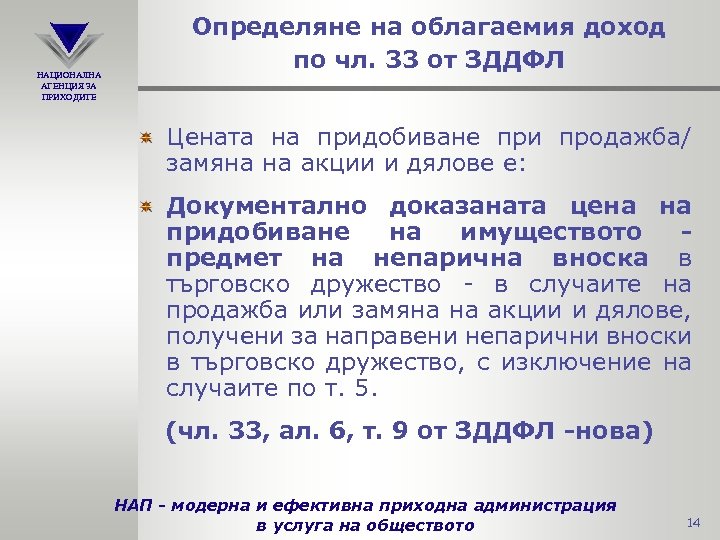 НАЦИОНАЛНА АГЕНЦИЯ ЗА ПРИХОДИТЕ Определяне на облагаемия доход по чл. 33 от ЗДДФЛ Цената