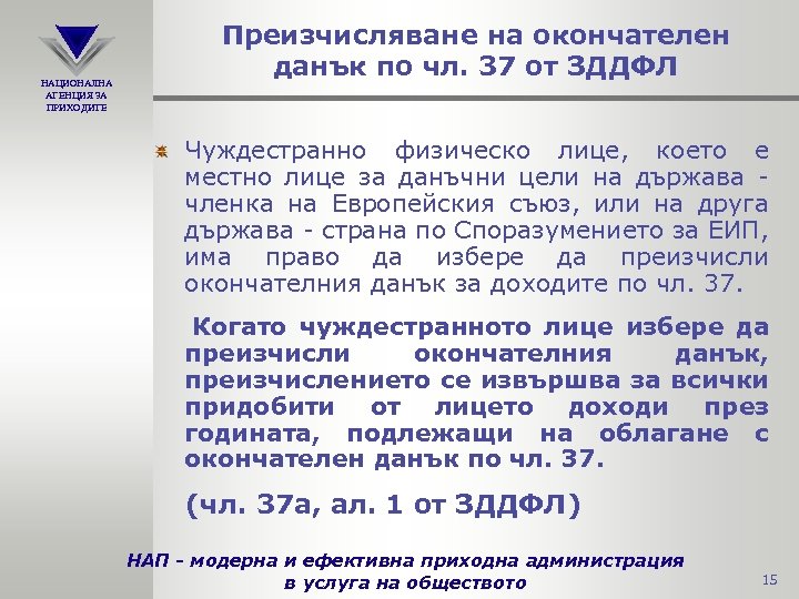 НАЦИОНАЛНА АГЕНЦИЯ ЗА ПРИХОДИТЕ Преизчисляване на окончателен данък по чл. 37 от ЗДДФЛ Чуждестранно