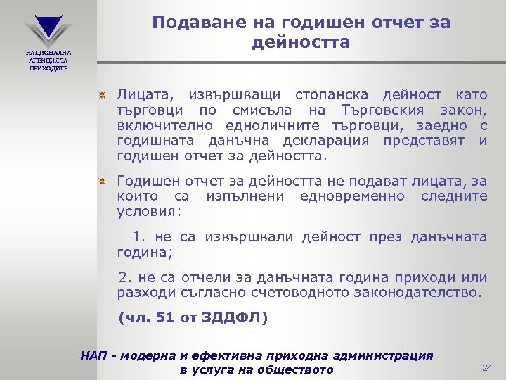 НАЦИОНАЛНА АГЕНЦИЯ ЗА ПРИХОДИТЕ Подаване на годишен отчет за дейността Лицата, извършващи стопанска дейност