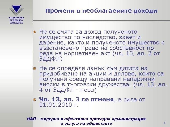 Промени в необлагаемите доходи НАЦИОНАЛНА АГЕНЦИЯ ЗА ПРИХОДИТЕ Не се смята за доход полученото
