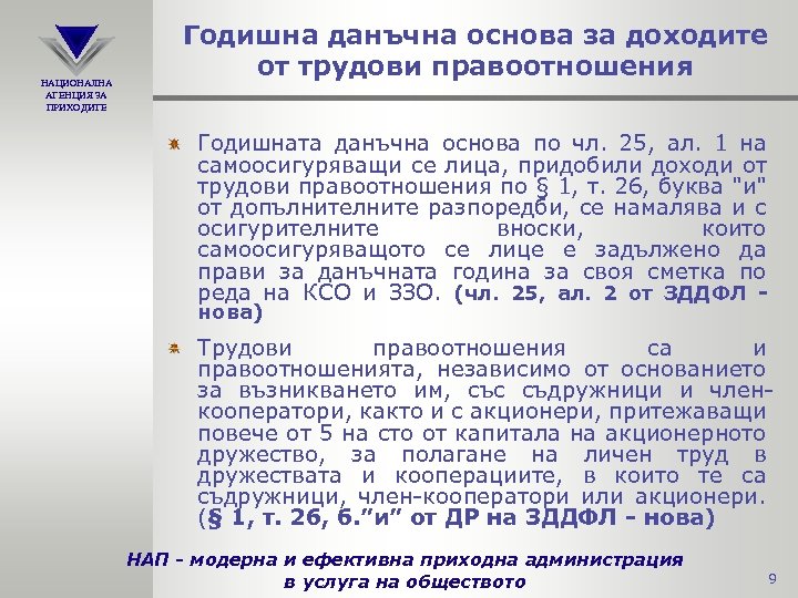 НАЦИОНАЛНА АГЕНЦИЯ ЗА ПРИХОДИТЕ Годишна данъчна основа за доходите от трудови правоотношения Годишната данъчна