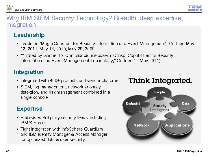 IBM Security Services Why IBM SIEM Security Technology? Breadth, deep expertise, integration Leadership Leader