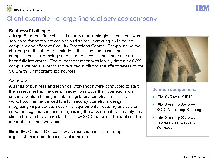 IBM Security Services Client example - a large financial services company Business Challenge: A