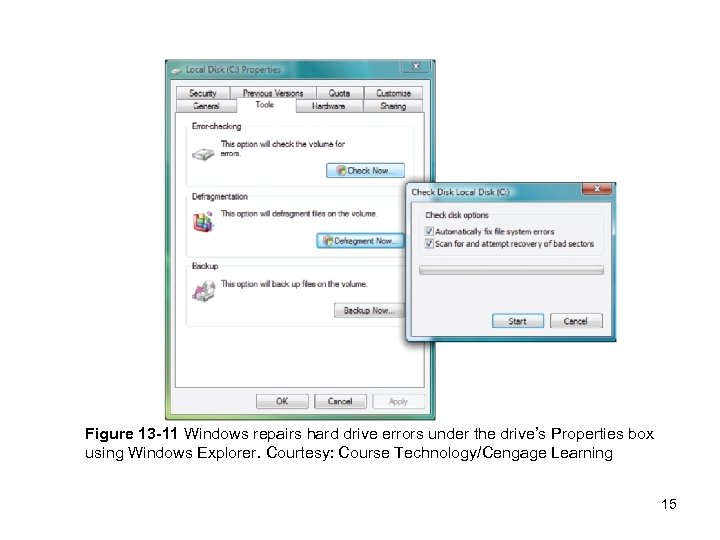 Figure 13 -11 Windows repairs hard drive errors under the drive’s Properties box using