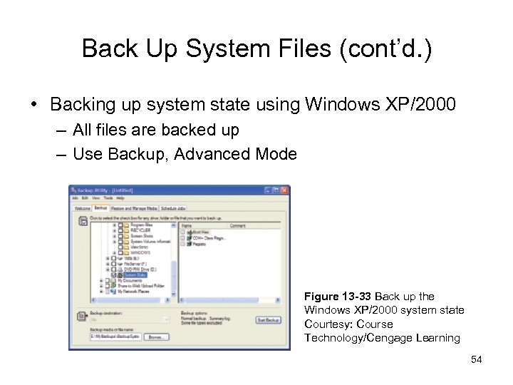 Back Up System Files (cont’d. ) • Backing up system state using Windows XP/2000