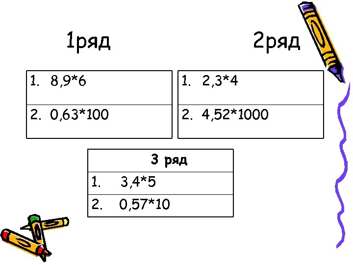 1 ряд 2 ряд 1. 8, 9*6 1. 2, 3*4 2. 0, 63*100 2.