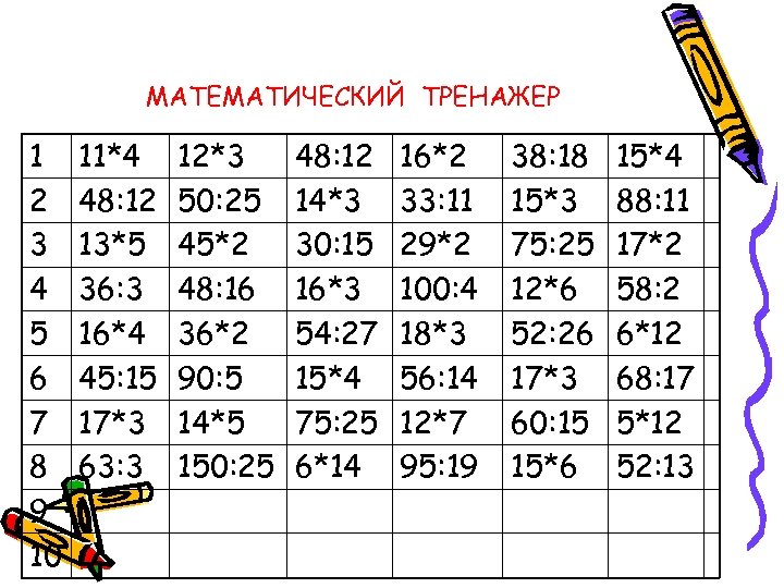 МАТЕМАТИЧЕСКИЙ ТРЕНАЖЕР 1 2 3 4 5 6 7 8 9 10 11*4 48: