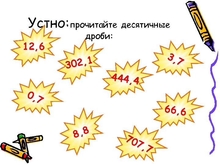 Устно: прочитайте 12, 6 дроби: 02, 1 3 0, 7 десятичные 3, 7 444,