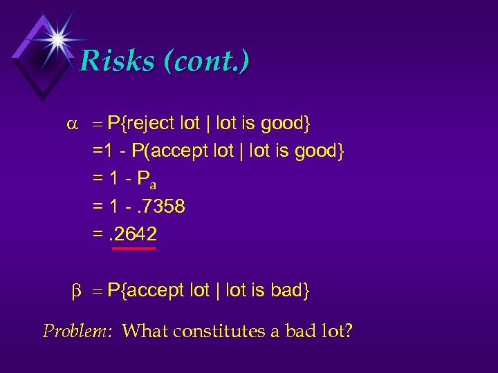 Risks (cont. ) P{reject lot | lot is good} =1 - P(accept lot |