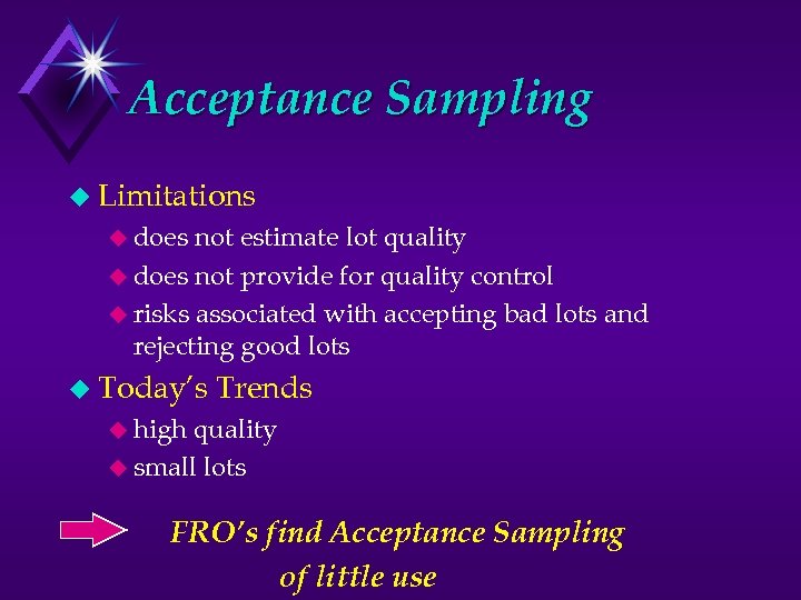 Acceptance Sampling u Limitations u does not estimate lot quality u does not provide
