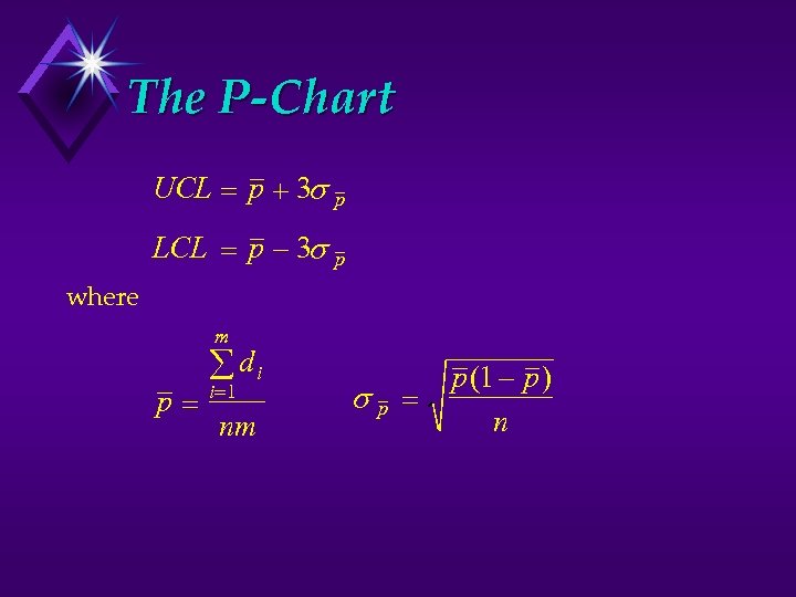 The P-Chart UCL p 3 p LCL p 3 p where m p di